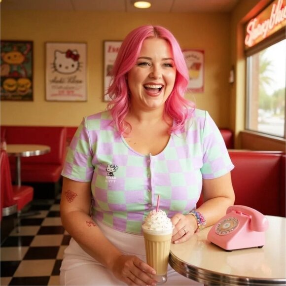 Hello Kitty Pastel Checkered Crop Top in Green & Lavender by NGOrder – Kawaii 2X - Picture 1 of 2